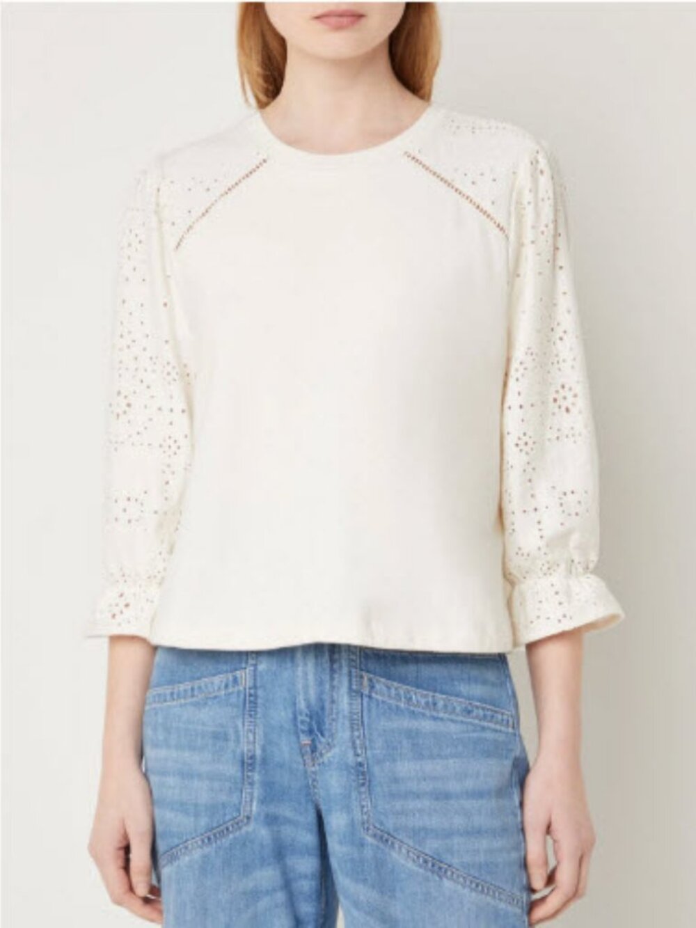 Womens ba&sh Lucas Ivory (Item- 449) Eyelet Sleeve Crew Neck Sweatshirt Top L